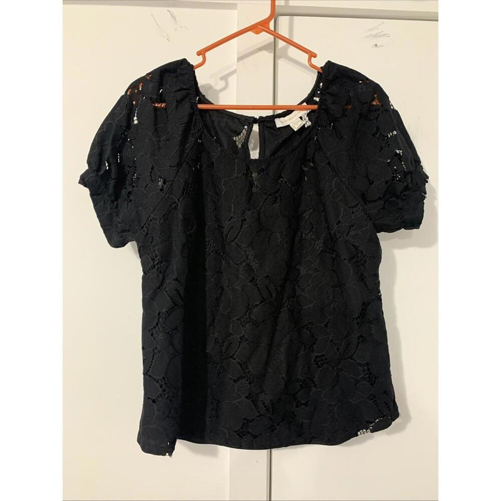 Monteau Black  Floral Lace Top Overlay Lined Short Sleeve Women's Size‎ Medium